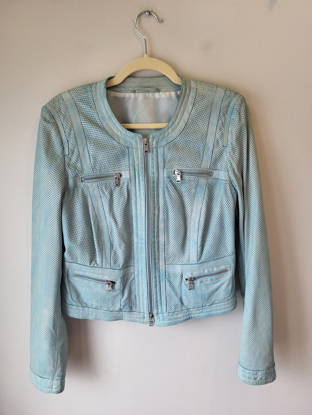 Light blue/teal leather motto jacket
